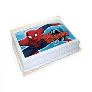 Прямоугольный белый торт с изображением Человека-паука и надписью Go Spider на голубом фоне